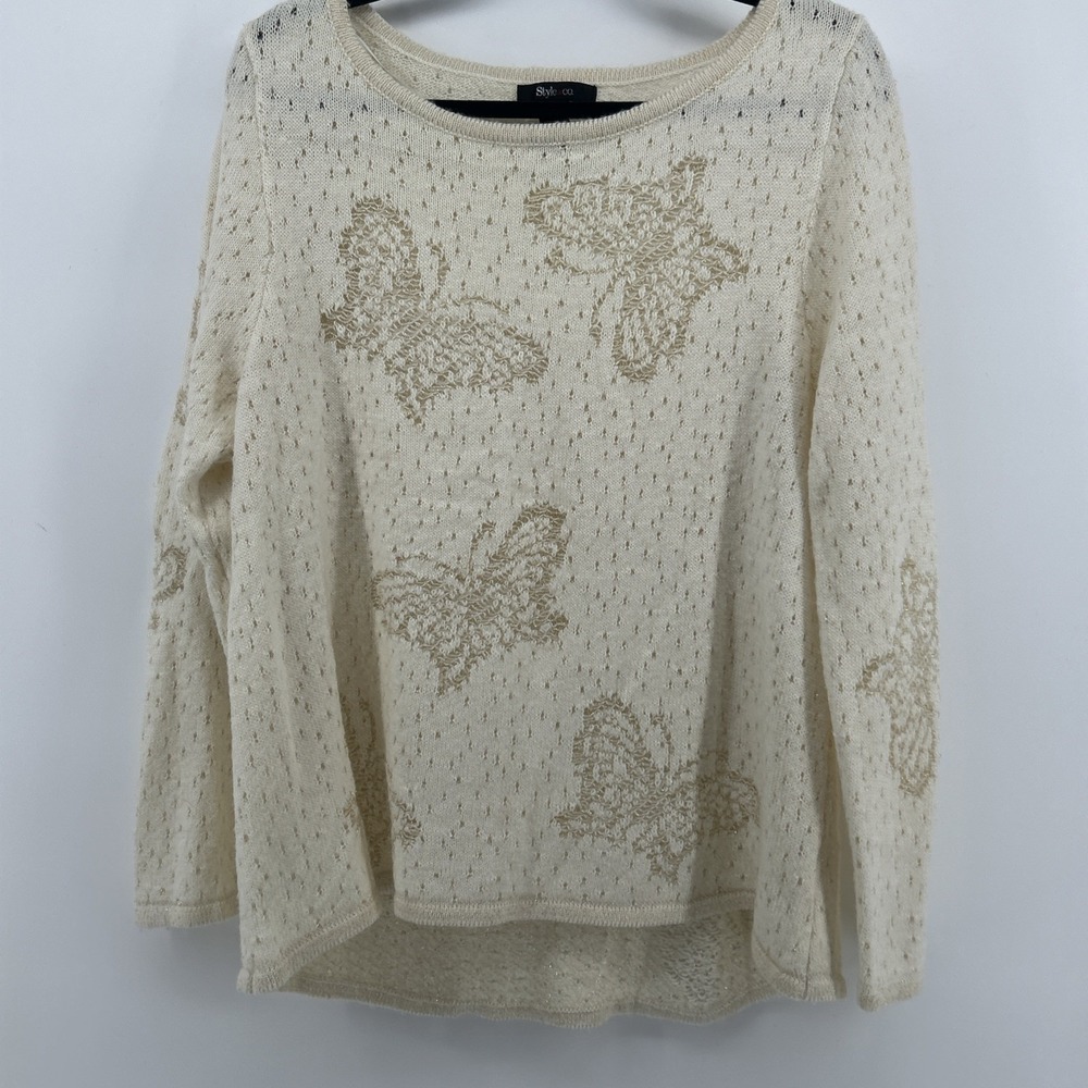 Style & Co Butterfly Sweater XL Cream Metallic Open Knit Crochet Fairycore Y2K